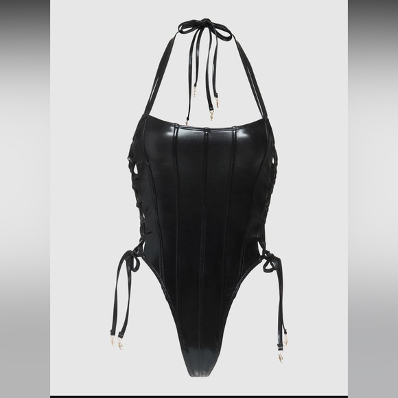 Shiny Black Halter Swim One Piece w/lace up detailing - Picture 6 of 9